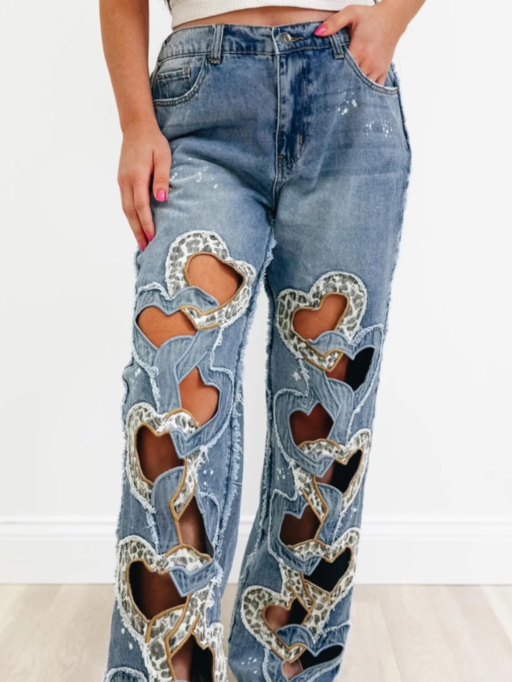 Oli & Hali Distressed Blue Denim Jeans with Leopard Heart Cutouts